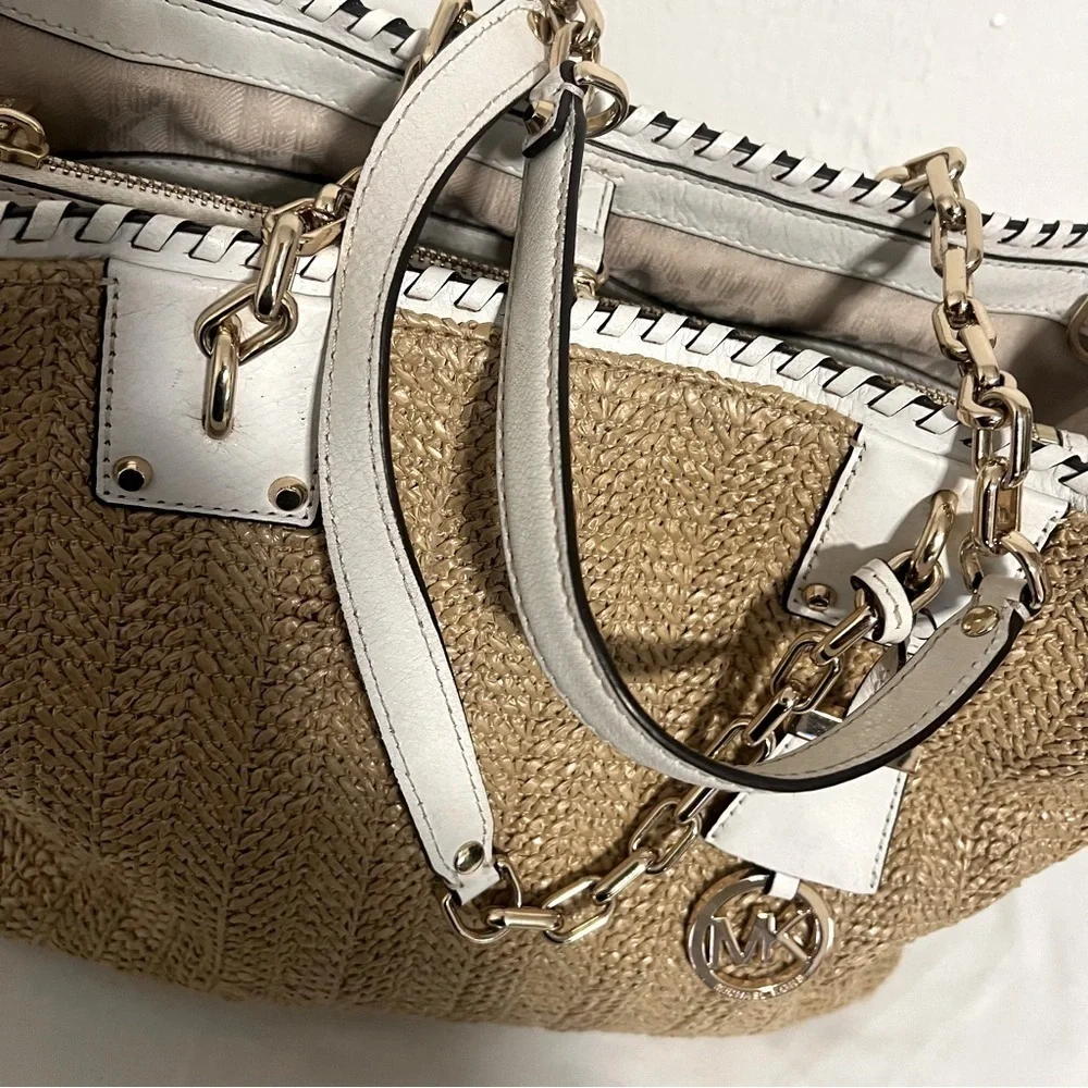 Michael Kors Straw Rosalie Tote EUC Handbag with White Leather Straps and Gold